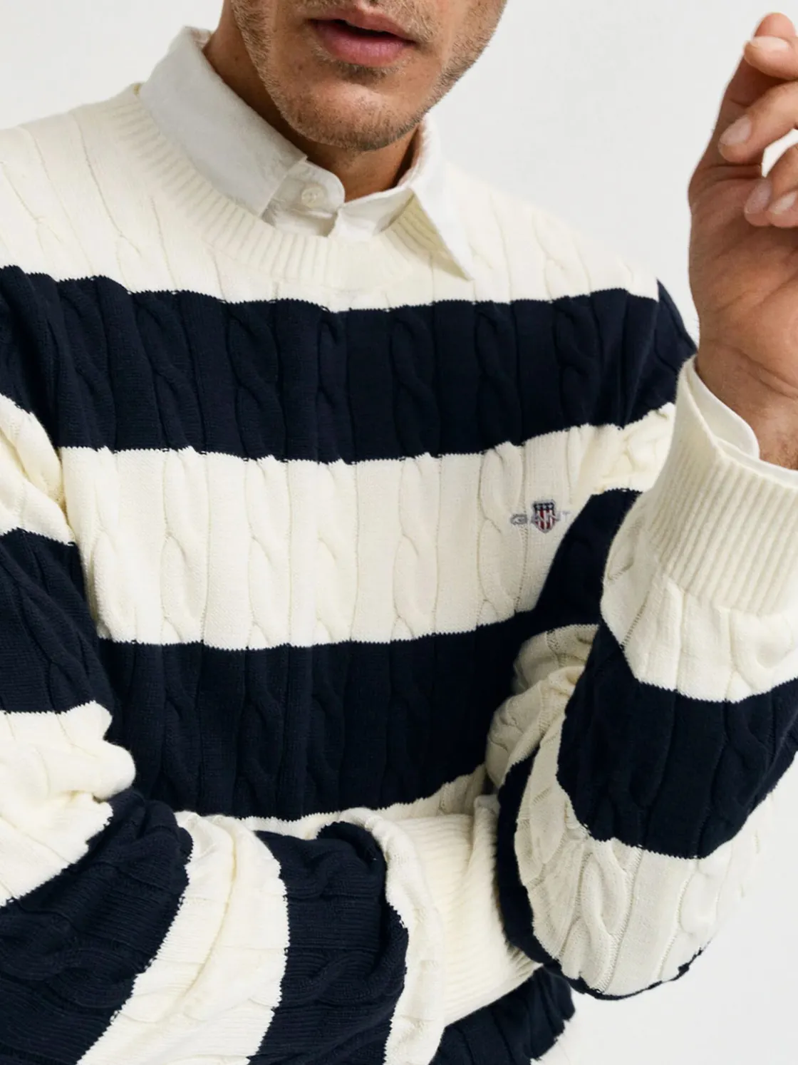 Gant | Striped Cotton Cable C-Neck>Uomo Maglie